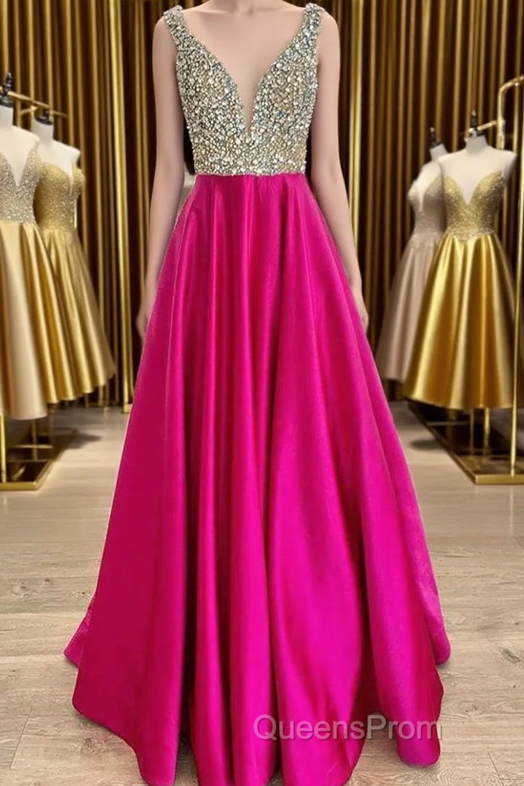 A Line V Neck Beaded Fuchsia Long Evening Prom Dress, V Neck Fuchsia Formal Dress, Beaded Fuchsia Evening Dress Main image