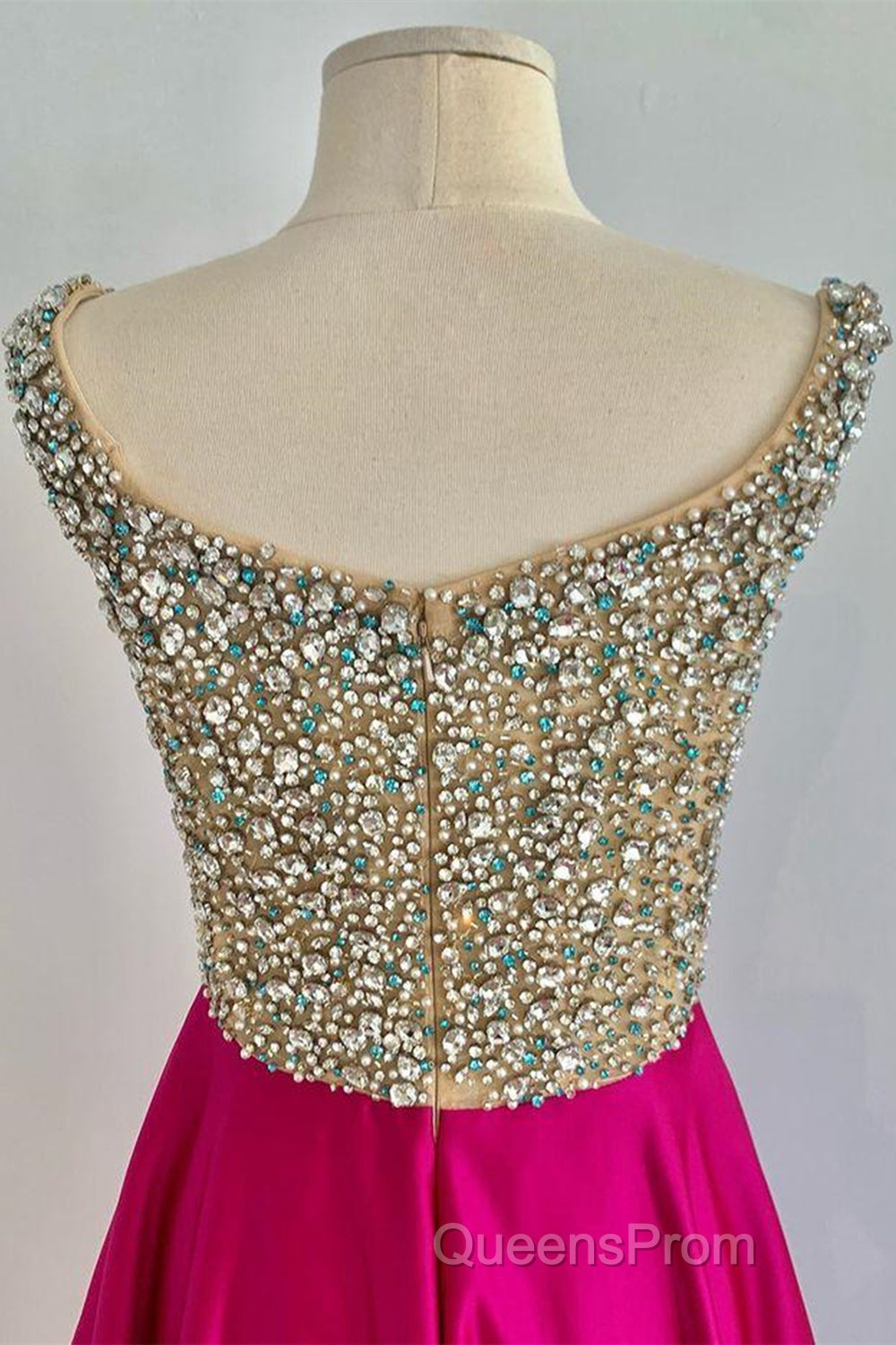 A Line V Neck Beaded Fuchsia Long Evening Prom Dress, V Neck Fuchsia Formal Dress, Beaded Fuchsia Evening Dress Secondary image