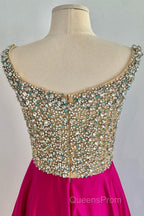 A Line V Neck Beaded Fuchsia Long Evening Prom Dress, V Neck Fuchsia Formal Dress, Beaded Fuchsia Evening Dress