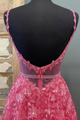 A Line V Neck Beaded Hot Pink Lace Long Evening Prom Dress, Hot Pink Lace Formal Graduation Evening Dress