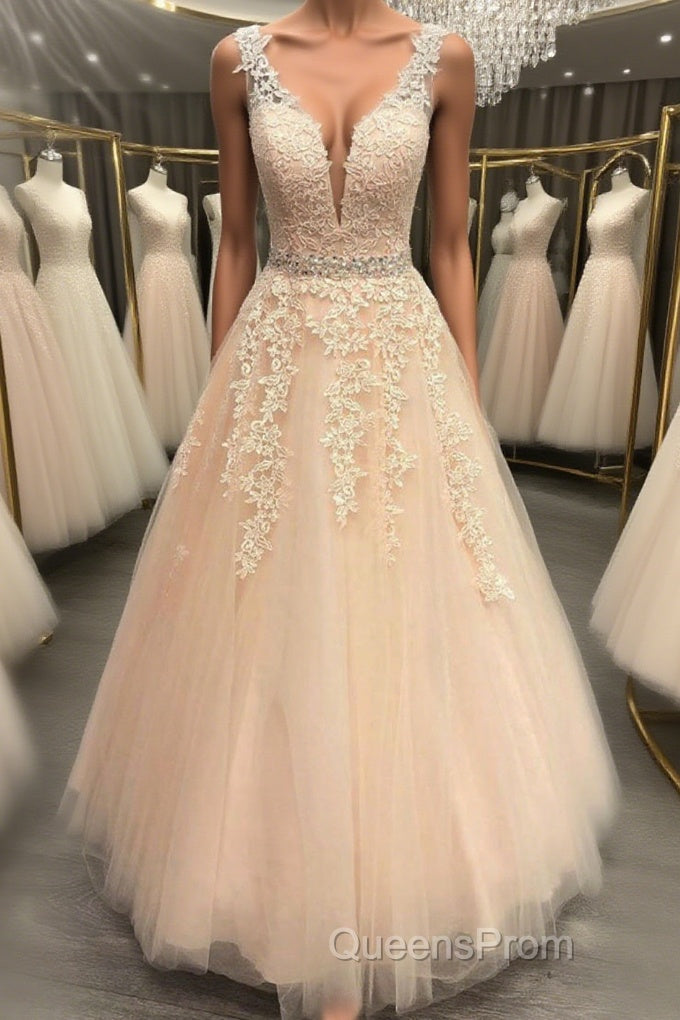 A Line V Neck Beaded Pink Lace Long Evening Prom Dress, V Neck Pink Lace Formal Dress, Pink Lace Evening Dress Main image