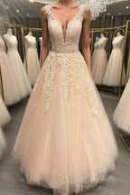 A Line V Neck Beaded Pink Lace Long Evening Prom Dress, V Neck Pink Lace Formal Dress, Pink Lace Evening Dress