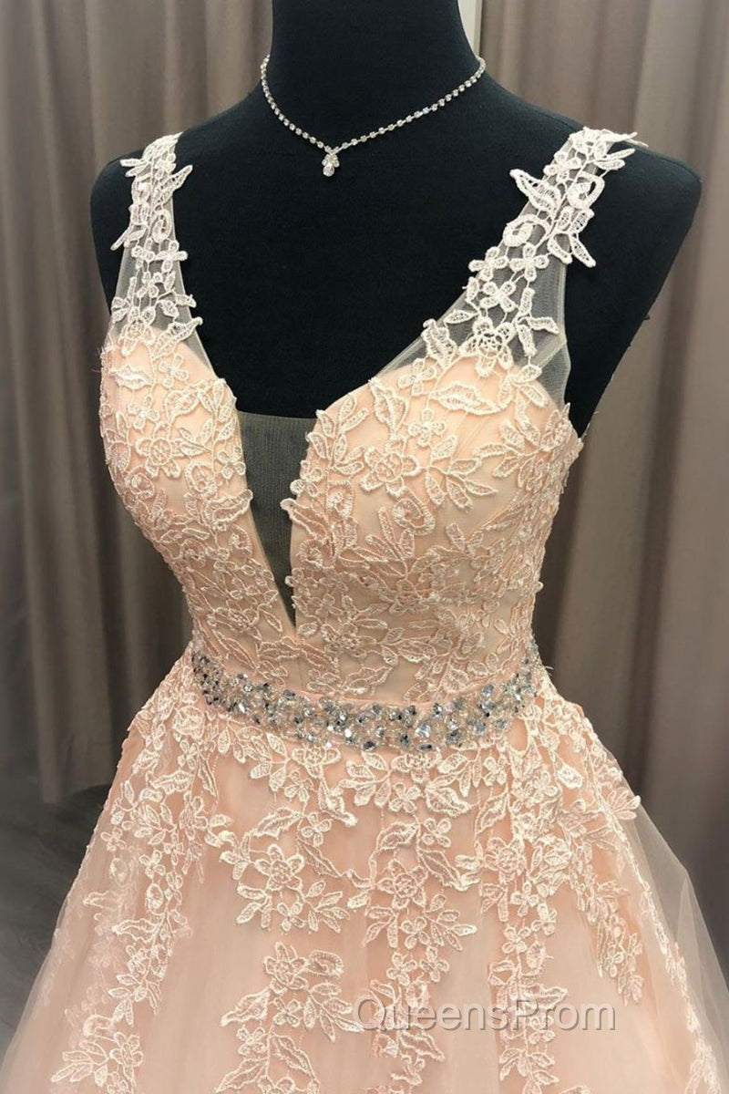 A Line V Neck Beaded Pink Lace Long Evening Prom Dress, V Neck Pink Lace Formal Dress, Pink Lace Evening Dress Secondary image