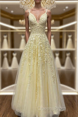 A Line V Neck Beaded Yellow Lace Tulle Long Evening Prom Dress, Yellow Lace Formal Dress, Beaded Yellow Evening Dress