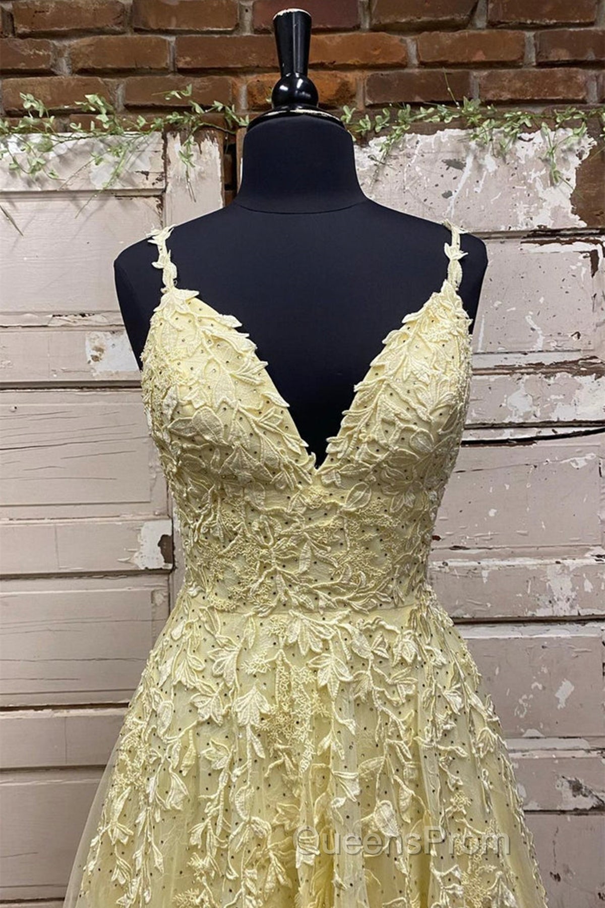 A Line V Neck Beaded Yellow Lace Tulle Long Evening Prom Dress, Yellow Lace Formal Dress, Beaded Yellow Evening Dress Secondary image