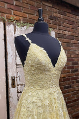 A Line V Neck Beaded Yellow Lace Tulle Long Evening Prom Dress, Yellow Lace Formal Dress, Beaded Yellow Evening Dress