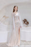 A Line V-Neck Beading Split Tulle Sweep Train Prom Dresses