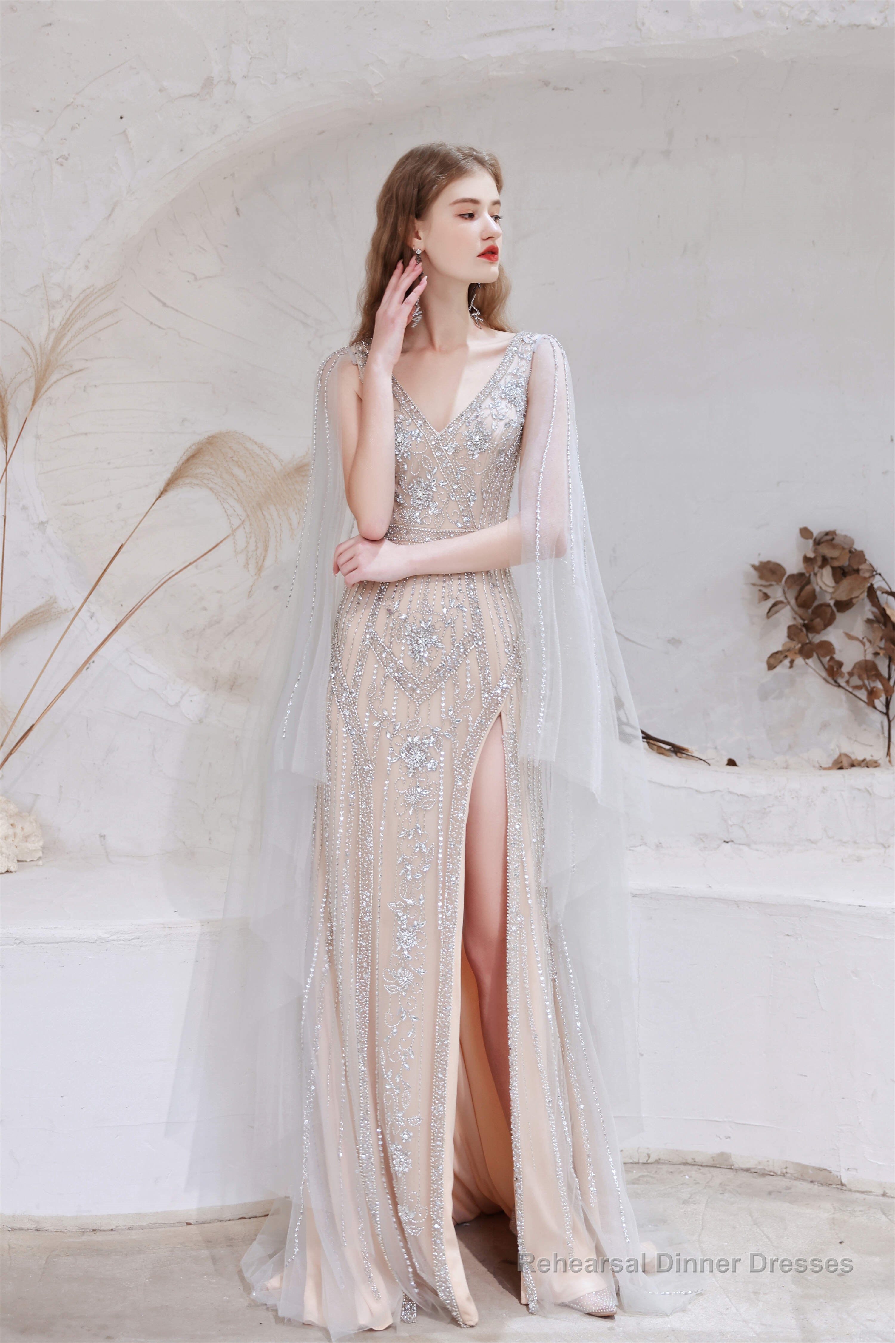 A Line V-Neck Beading Split Tulle Sweep Train Prom Dresses Secondary image