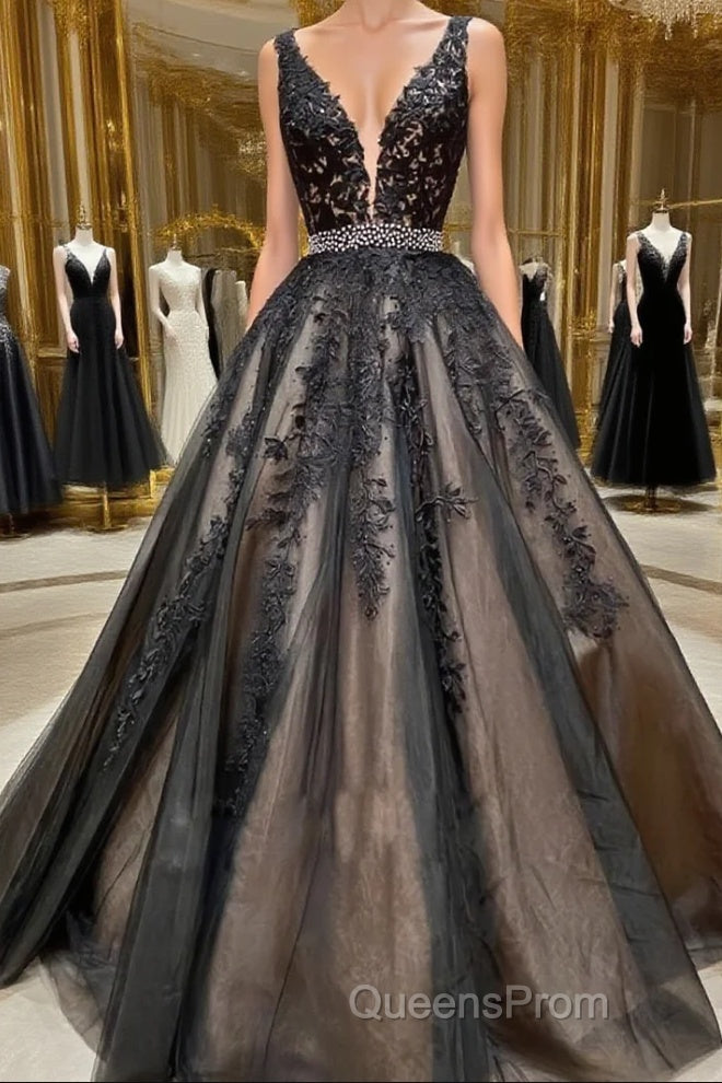 A Line V Neck Black Lace Evening Prom Dress, Black Lace Formal Evening Dress Main image