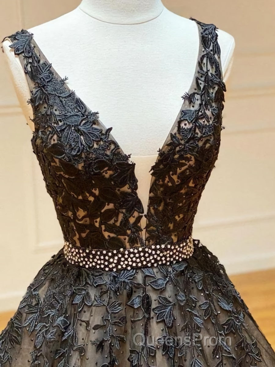 A Line V Neck Black Lace Evening Prom Dress, Black Lace Formal Evening Dress Secondary image