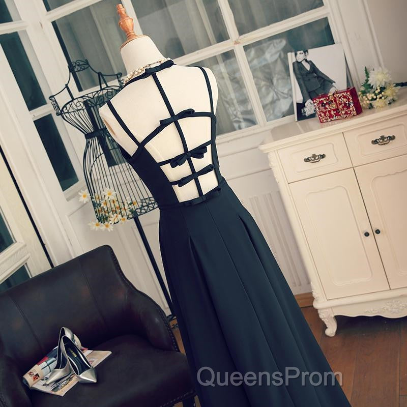 A Line V Neck Black Long Evening Prom Dress With Corss Back, Black Long Formal Evening Graduation Dress