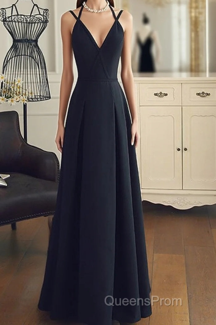 A Line V Neck Black Long Evening Prom Dress With Corss Back, Black Long Formal Evening Graduation Dress