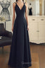 A Line V Neck Black Long Evening Prom Dress With Corss Back, Black Long Formal Evening Graduation Dress