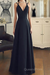 A Line V Neck Black Long Evening Prom Dress With Corss Back, Black Long Formal Evening Graduation Dress