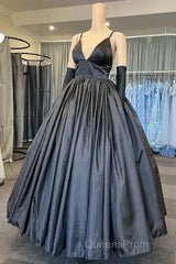 A Line V Neck Black Evening Prom Dress With Pocket Long Satin Formal Graduation Dress