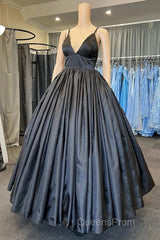 A Line V Neck Black Evening Prom Dress With Pocket Long Satin Formal Graduation Dress