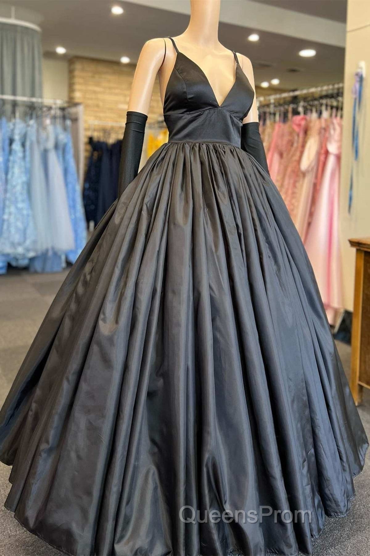 A Line V Neck Black Satin Long Evening Prom Dress with Pocket, V Neck Black Formal Graduation Evening Dress Secondary image