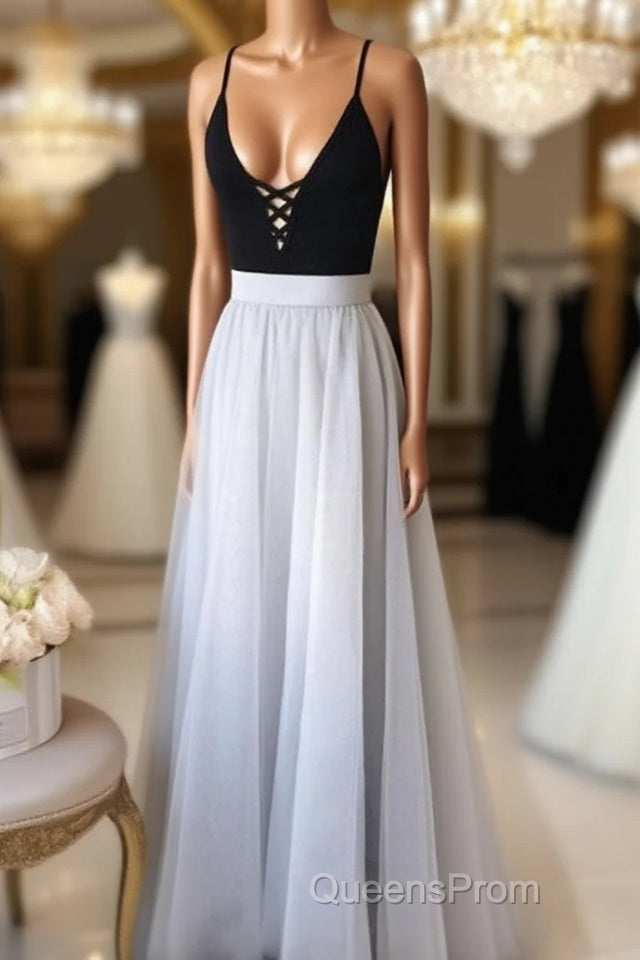 A Line V Neck Black Top Gray Evening Prom Dress, Gray Formal Dress, V Neck Black Top Gray Evening Dress, Graduation Dress Main image