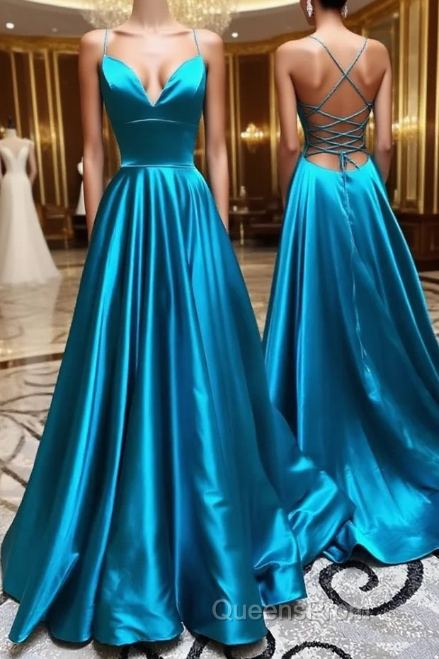 A Line V Neck Blue Backless Long Evening Prom Dress, Open Back Blue Long Formal Evening Dress Main image