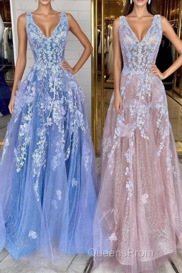A Line V Neck Blue/Champagne Lace Floral Long Evening Prom Dress, Blue/Champagne Lace Formal Evening Dress Main image
