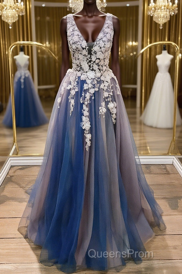 A Line V Neck Blue Lace Long Evening Prom Dress, Long Blue Formal Evening Dress Main image