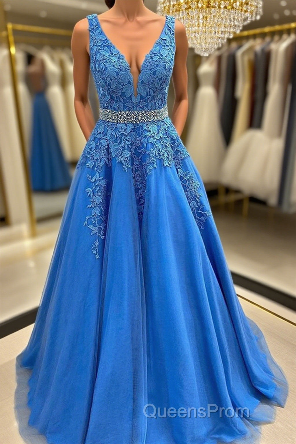 A Line V Neck Blue Lace Long Evening Prom Dress with Belt, Blue Lace Formal Evening Dress Main image