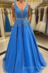 A Line V Neck Blue Lace Long Evening Prom Dress with Belt, Blue Lace Formal Evening Dress