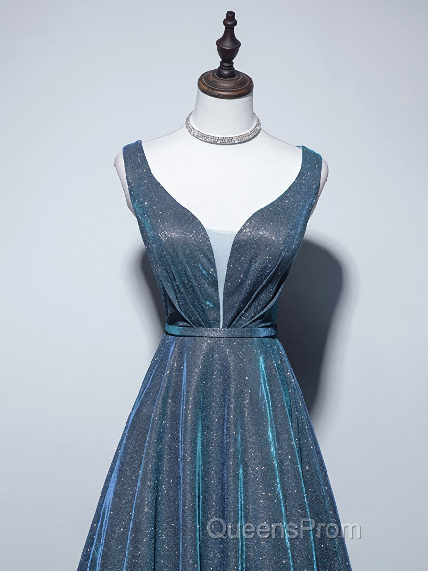 A-line V Neck Blue Long Evening Prom Dress, Blue Formal Dress