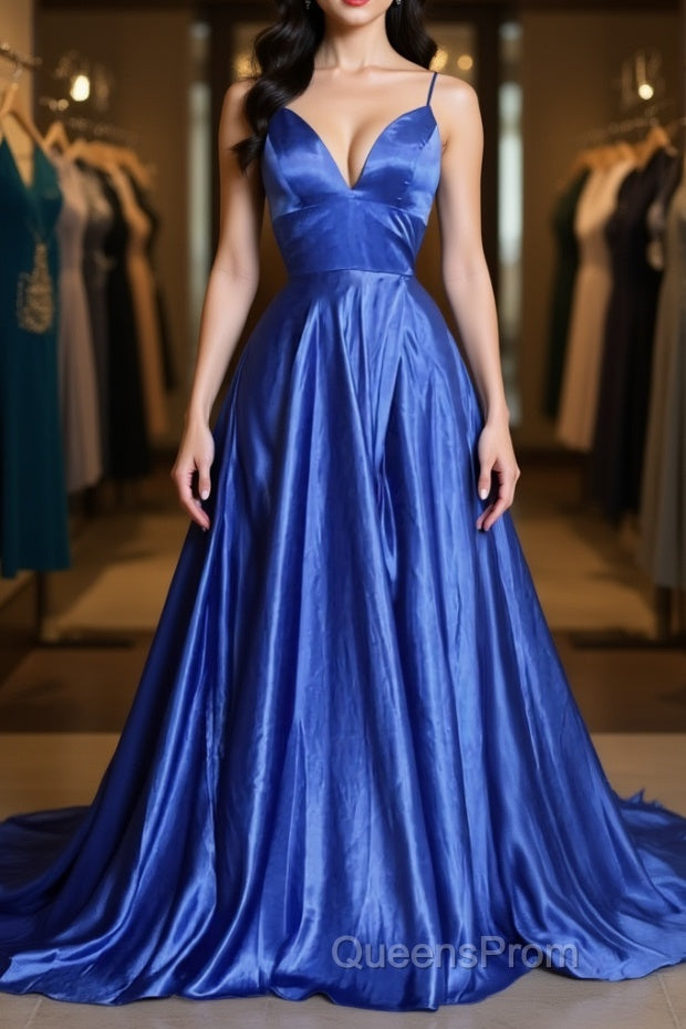 A Line V Neck Blue Long Evening Prom Dress, V Neck Blue Formal Graduation Evening Dress Main image