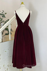 A Line V Neck Burgundy Black Tea Length Evening Prom Dress, Short Black Wine Red Formal Homecoming Dress