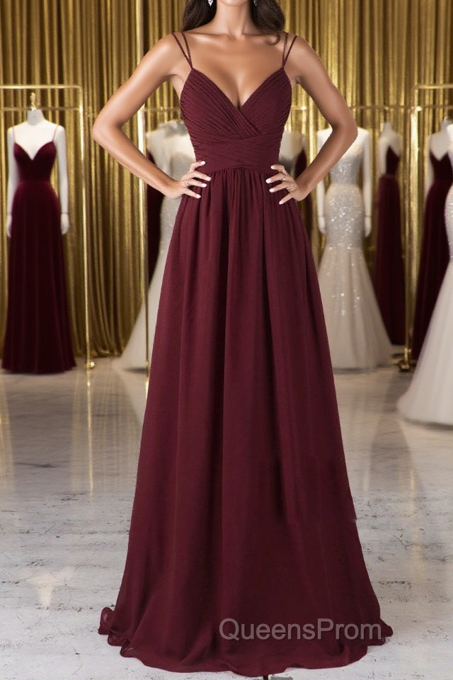A Line V Neck Burgundy Chiffon Long Evening Prom Dress with Lace Back, V Neck Lace Back Burgundy Formal Graduation Evening Dress Main image