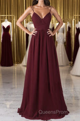 A Line V Neck Burgundy Chiffon Long Evening Prom Dress with Lace Back, V Neck Lace Back Burgundy Formal Graduation Evening Dress
