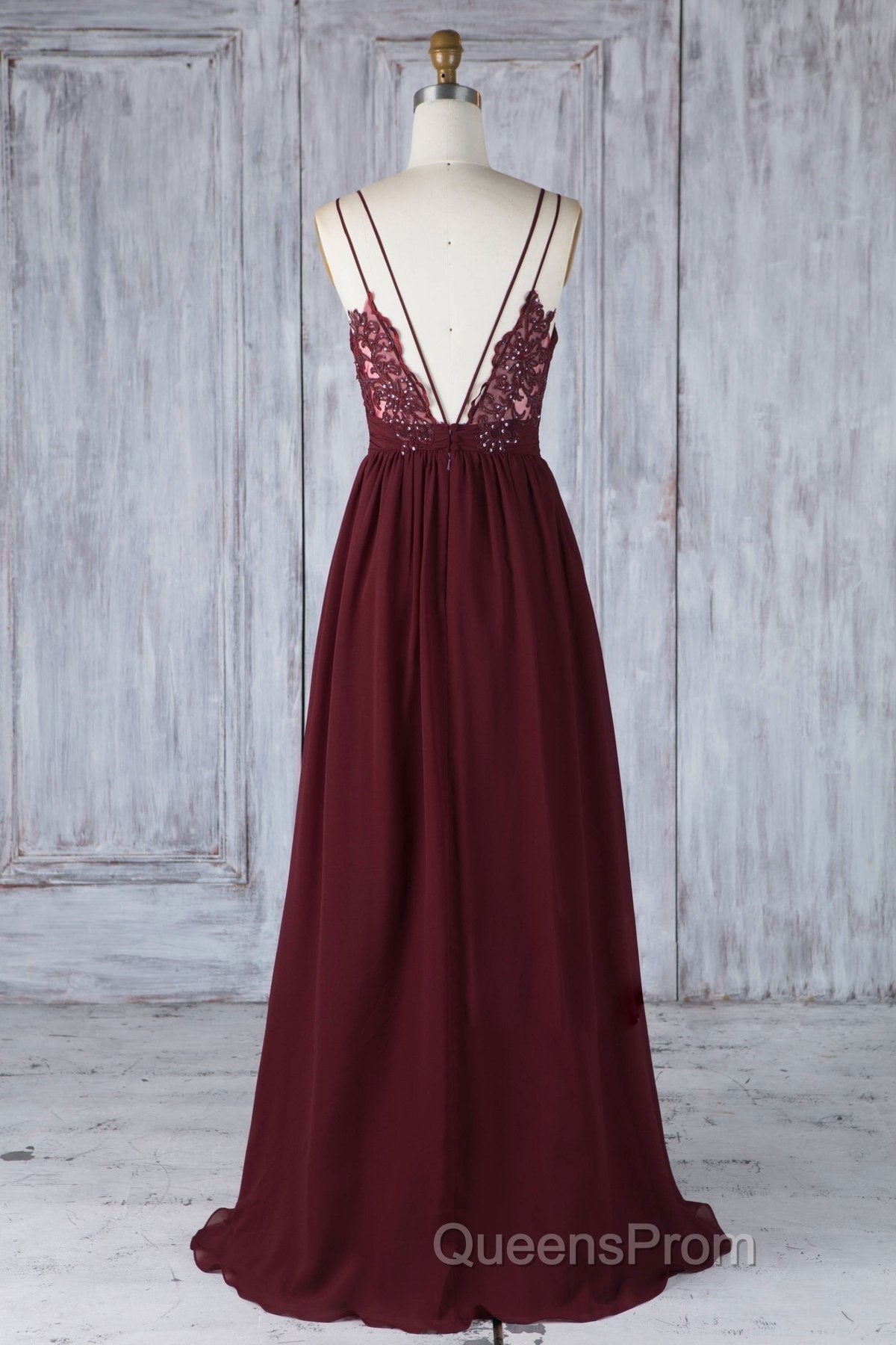 A Line V Neck Burgundy Chiffon Long Evening Prom Dress with Lace Back, V Neck Lace Back Burgundy Formal Graduation Evening Dress Secondary image