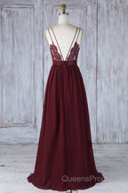 A Line V Neck Burgundy Chiffon Long Evening Prom Dress with Lace Back, V Neck Lace Back Burgundy Formal Graduation Evening Dress