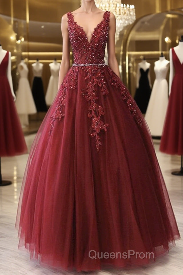 A Line V Neck Burgundy Lace Evening Prom Dress, Burgundy Lace Formal Dress, Burgundy Evening Dress Main image