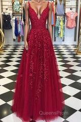A Line V Neck Burgundy Lace Evening Prom Dress, Wine Burgundy Lace Formal Evening Dress