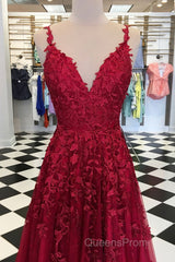A Line V Neck Burgundy Lace Evening Prom Dress, Wine Burgundy Lace Formal Evening Dress