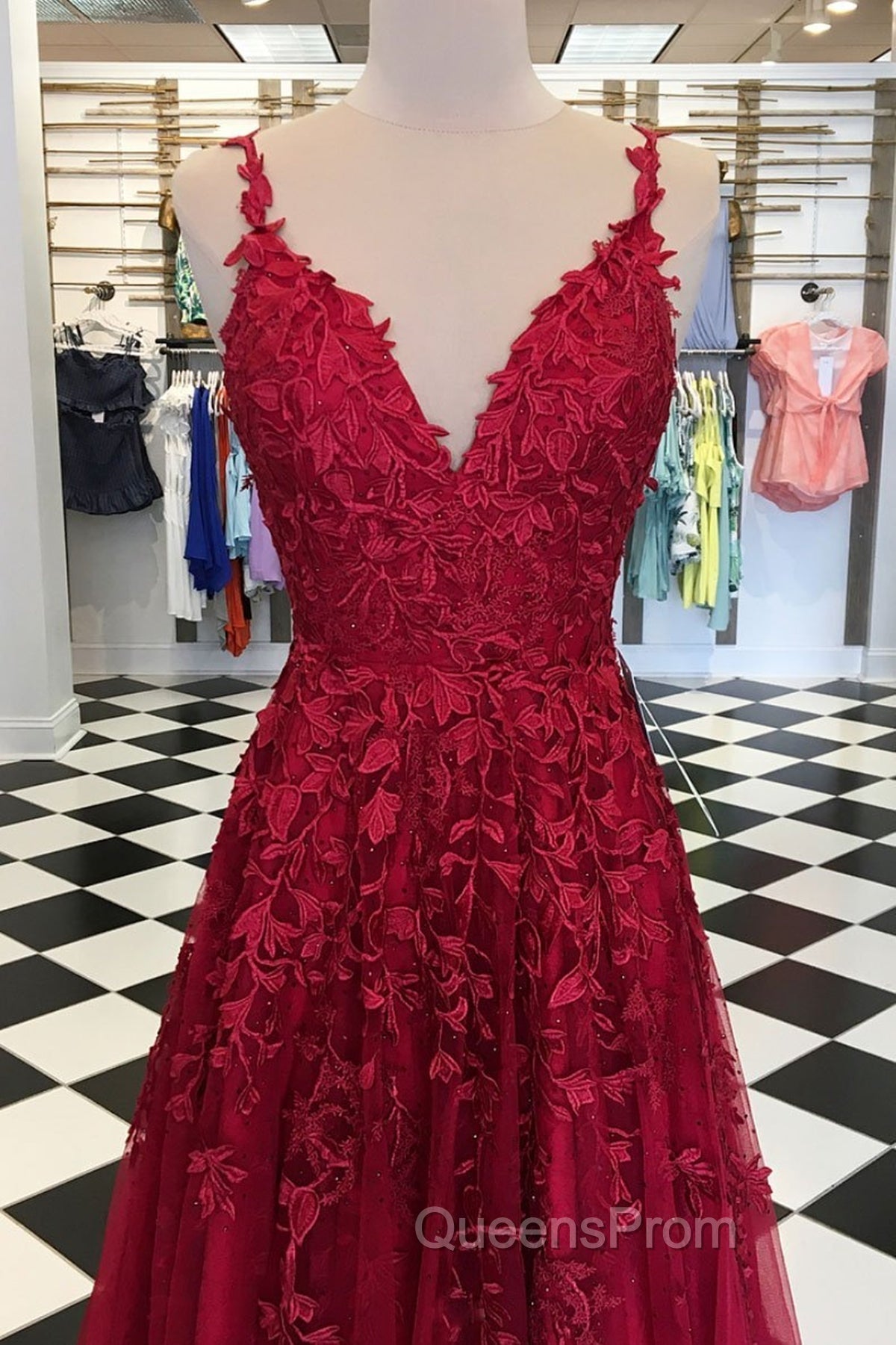 A Line V Neck Burgundy Lace Evening Prom Dress, Wine Red Lace Evening Dress Secondary image