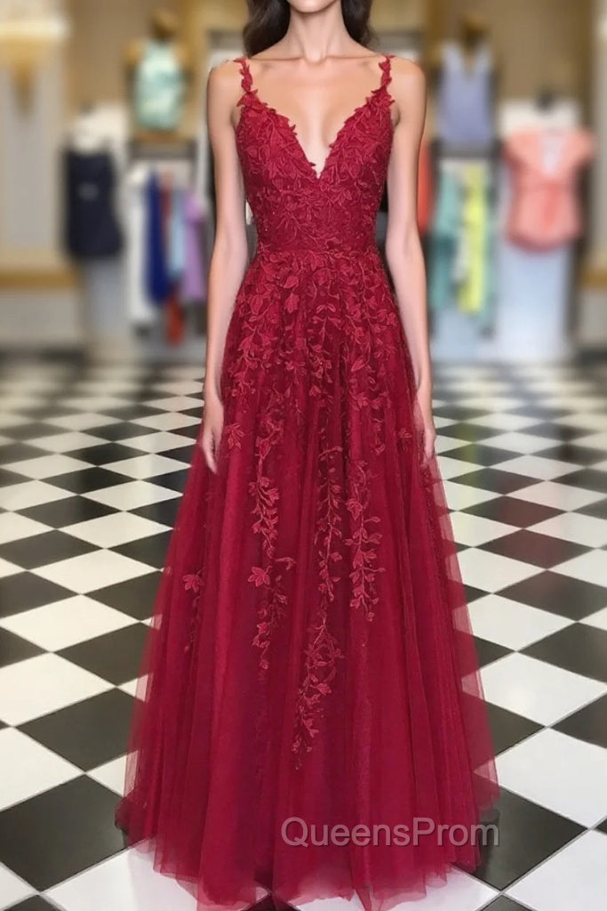 A Line V Neck Burgundy Lace Evening Prom Dress, Wine Red Lace Evening Dress Main image