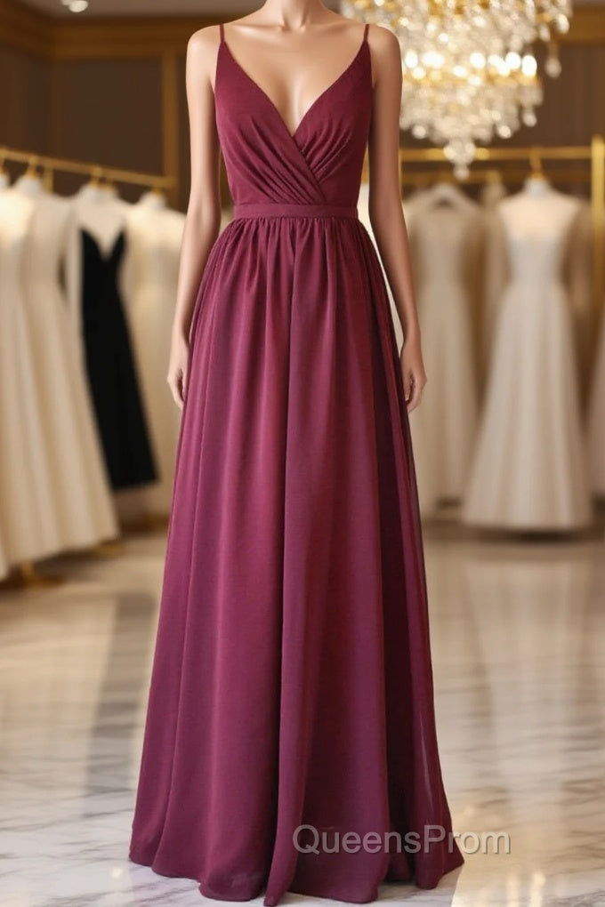 A Line V Neck Burgundy Long Evening Prom Dress with Lace Back, V Neck Burgundy Formal Evening Dress, Burgundy Bridesmaid Dress
