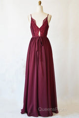 A Line V Neck Burgundy Long Evening Prom Dress with Lace Back, V Neck Burgundy Formal Evening Dress, Burgundy Bridesmaid Dress