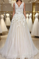 A Line V Neck Champagne Lace Long Evening Prom Dress, Champagne Lace Formal Dress, Champagne Evening Dress