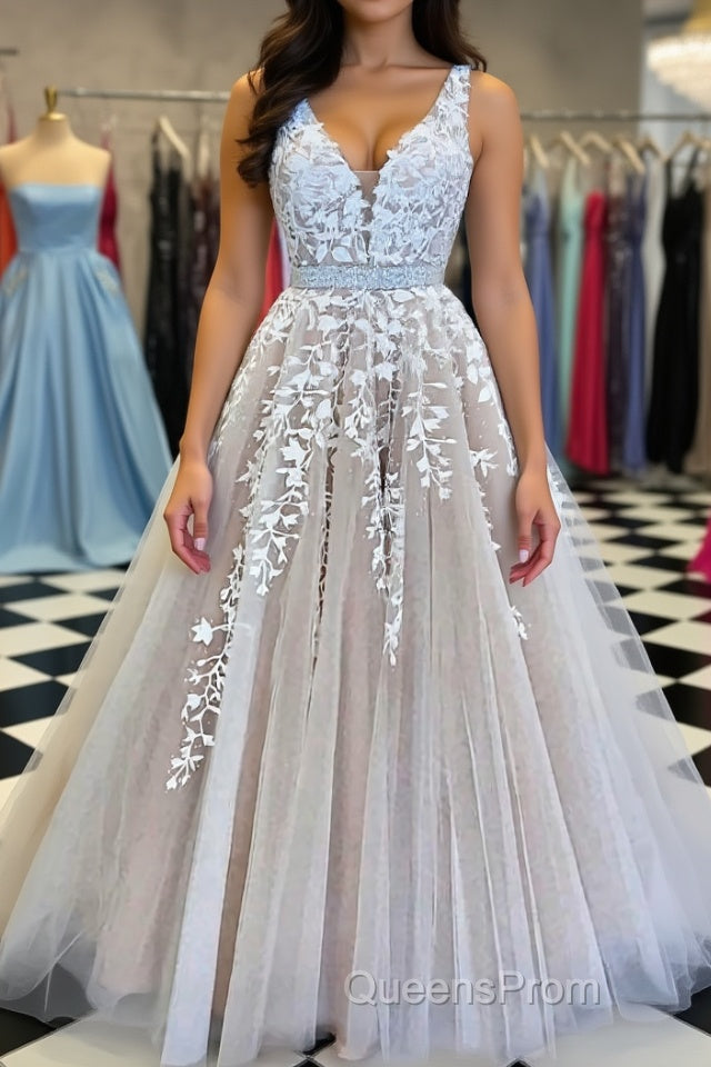 A Line V Neck Champagne Lace Evening Prom Dress, Champagne Lace Formal Evening Dress Main image