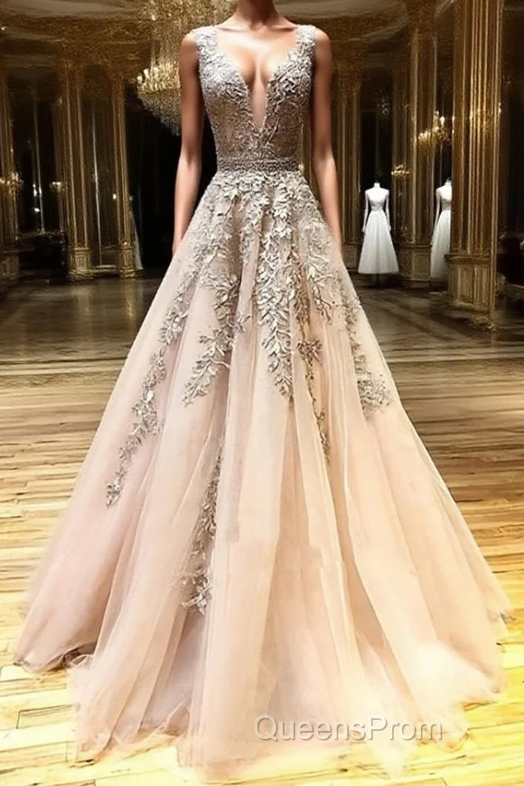 A Line V Neck Champagne Lace Evening Prom Dress, V Neck Champagne Lace Formal Graduation Evening Dress Main image