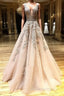 A Line V Neck Champagne Lace Evening Prom Dress, V Neck Champagne Lace Formal Graduation Evening Dress