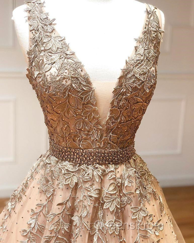 A Line V Neck Champagne Lace Evening Prom Dress, V Neck Champagne Lace Formal Graduation Evening Dress