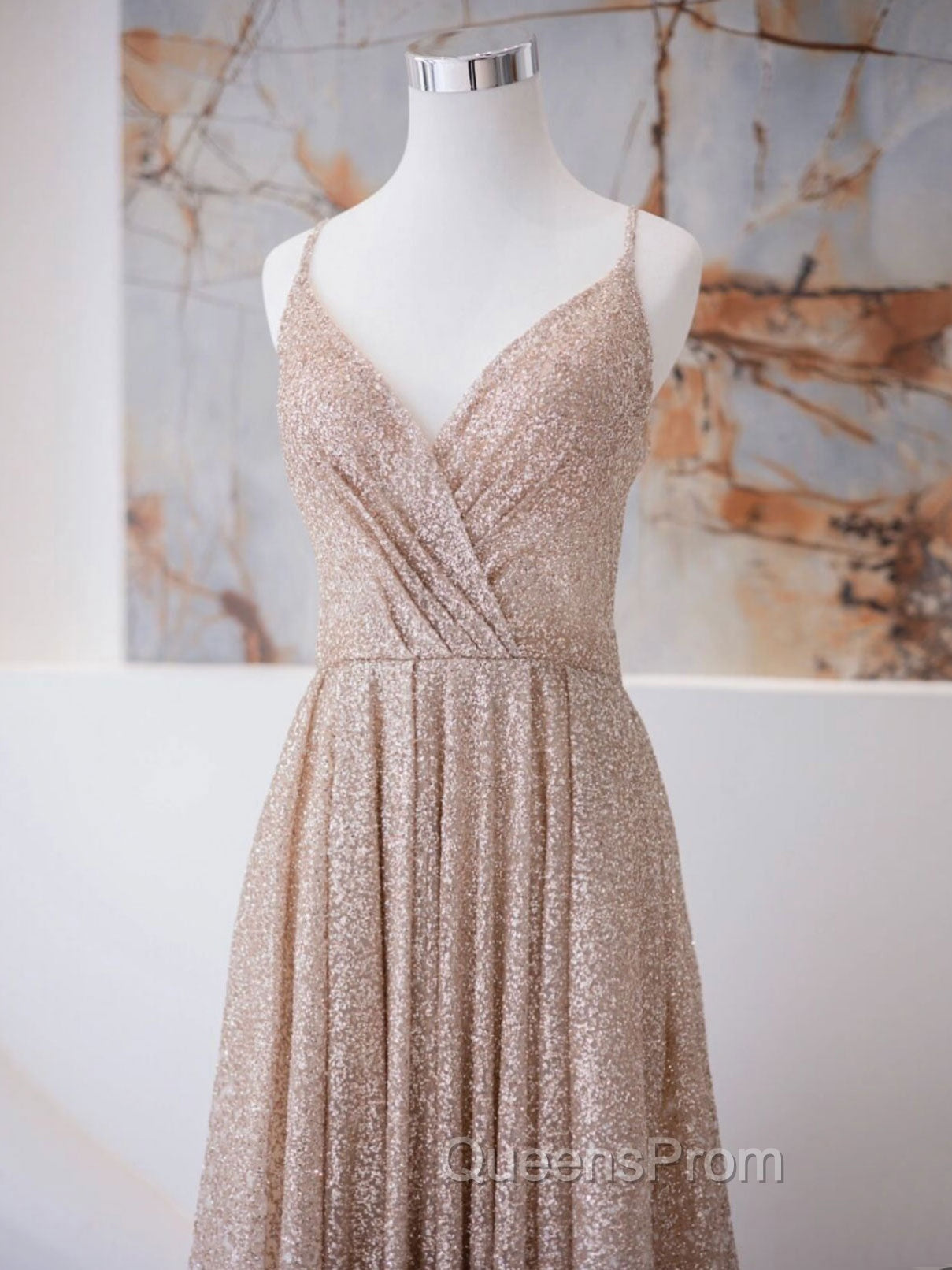 A Line V Neck Champagne Long Evening Prom Dress, Shiny Tulle Champagne Evening Dress Secondary image