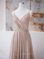 A Line V Neck Champagne Long Evening Prom Dress, Shiny Tulle Champagne Evening Dress