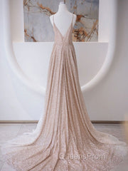 A Line V Neck Champagne Long Evening Prom Dress, Shiny Tulle Champagne Evening Dress