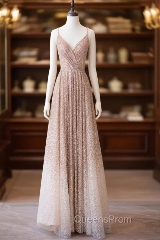 A Line V Neck Champagne Long Evening Prom Dress, Shiny Tulle Champagne Evening Dress